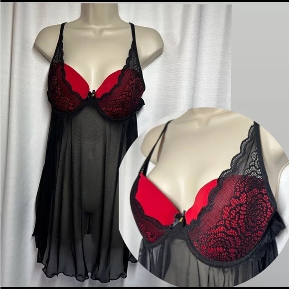 Daisy Fuentes Negligie Black Red Sexy Sheer Lace Size L Babydoll Fairy Nightgown - Picture 1 of 10